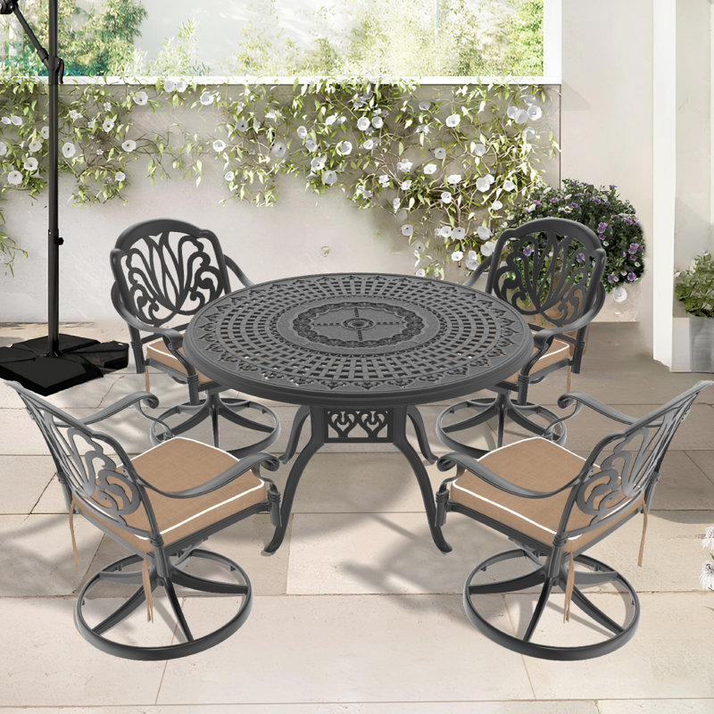 Ensemble de salle à manger 7 pièces en aluminium coulé toutes saisons comprenant 6 chaises pivotantes et une table ronde de 47,24 po avec cadre