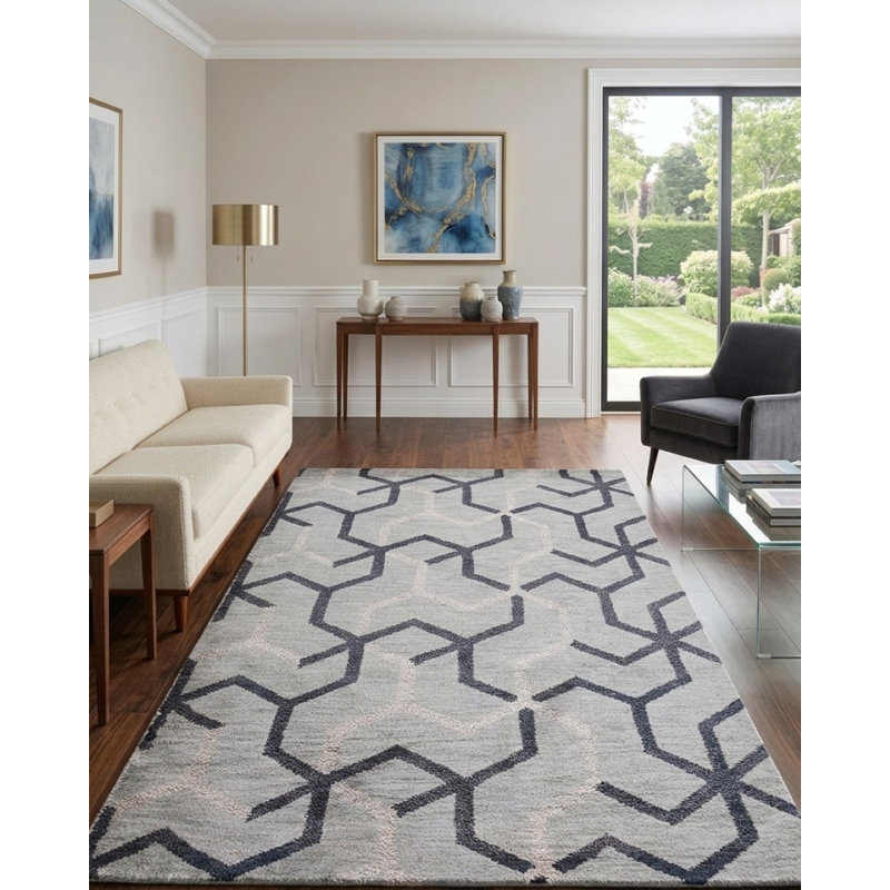 Beige géométrique de qualité supérieure | Tapis intérieur noir en laine noué à la main