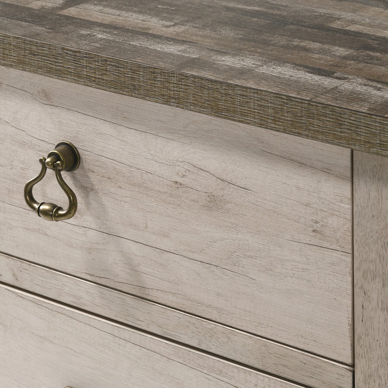 1pc Table de chevet 2 tiroirs de style chalet vieilli avec finition en bois de grève contrastant avec plateau brun vieilli et quincaillerie traditionnelle en bois