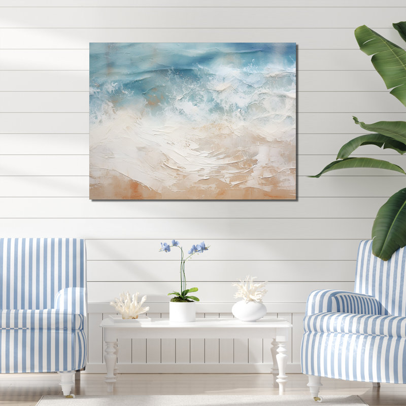 Vue aérienne moderne de sable bleu et beige moderne I - plage de sable de bord de mer, art mural, Toile tendue
