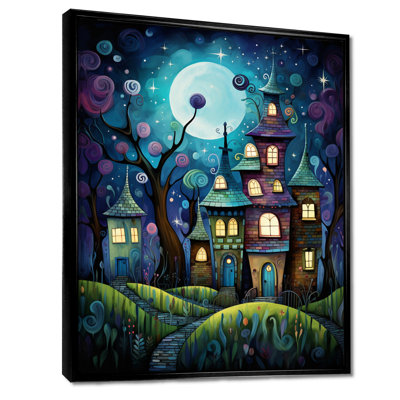 Blue Sky Pittoresque Town Full Moon - City Buildings Wall Art Print