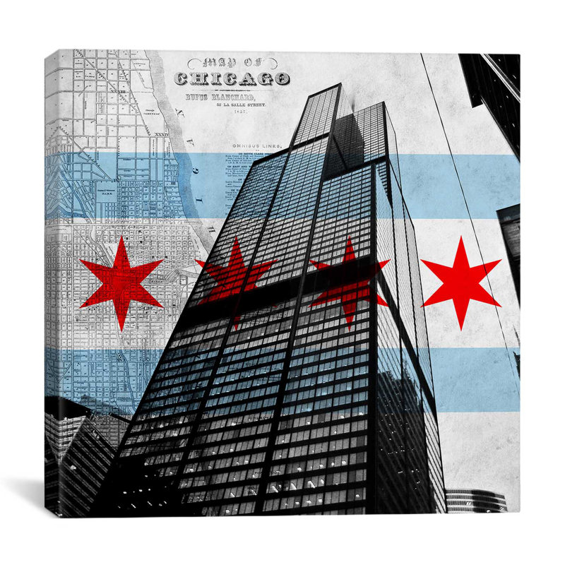 « chicago flag », tour willis (tour saisit) avec carte, impression sur toile, H 12 po x l 12 po x P 1,5 po