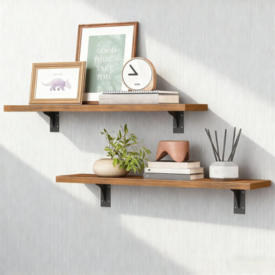 2 Pack Floating Shelves 15.4 Inch, Wall Mounted Storage Shelves With Metal Brackets, Rustic Brown Particleboard Shelves For Living Room Bedroom Bathroom, 22Lb Capacity