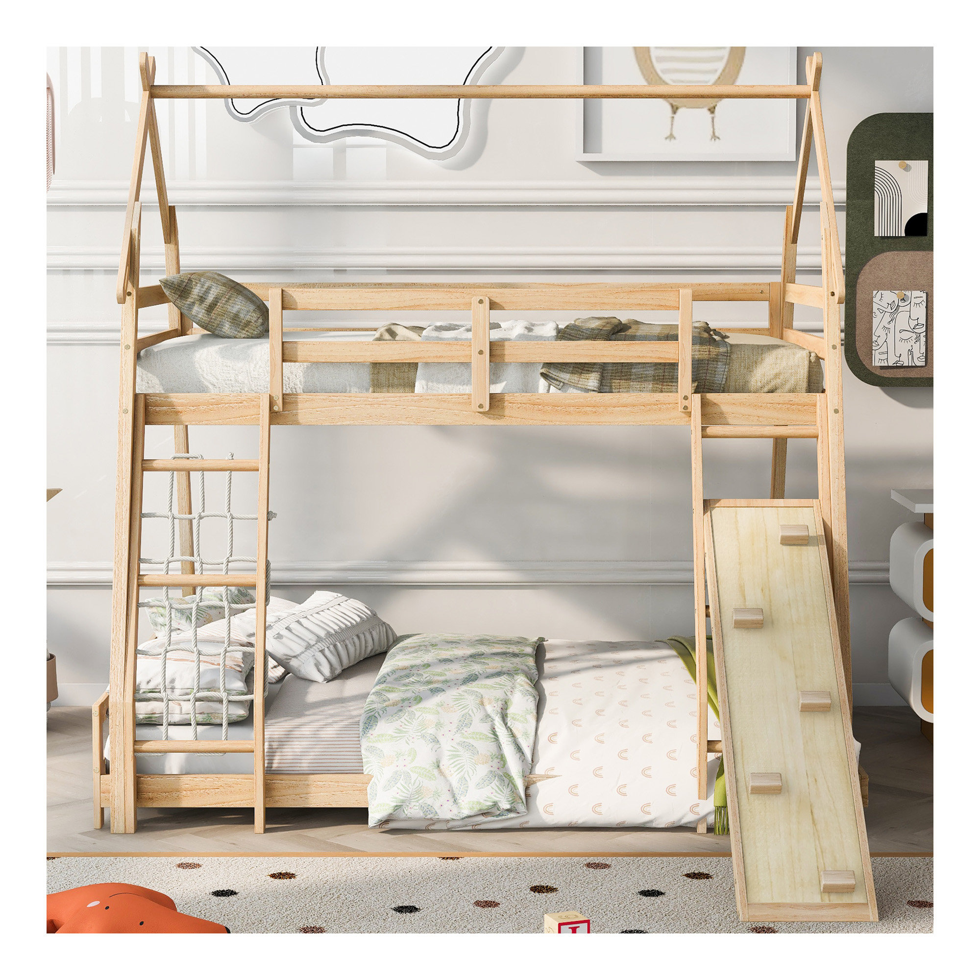 Ophelia & Co. Twin Over Queen House Bunk Bed With Climbing Nets And ...