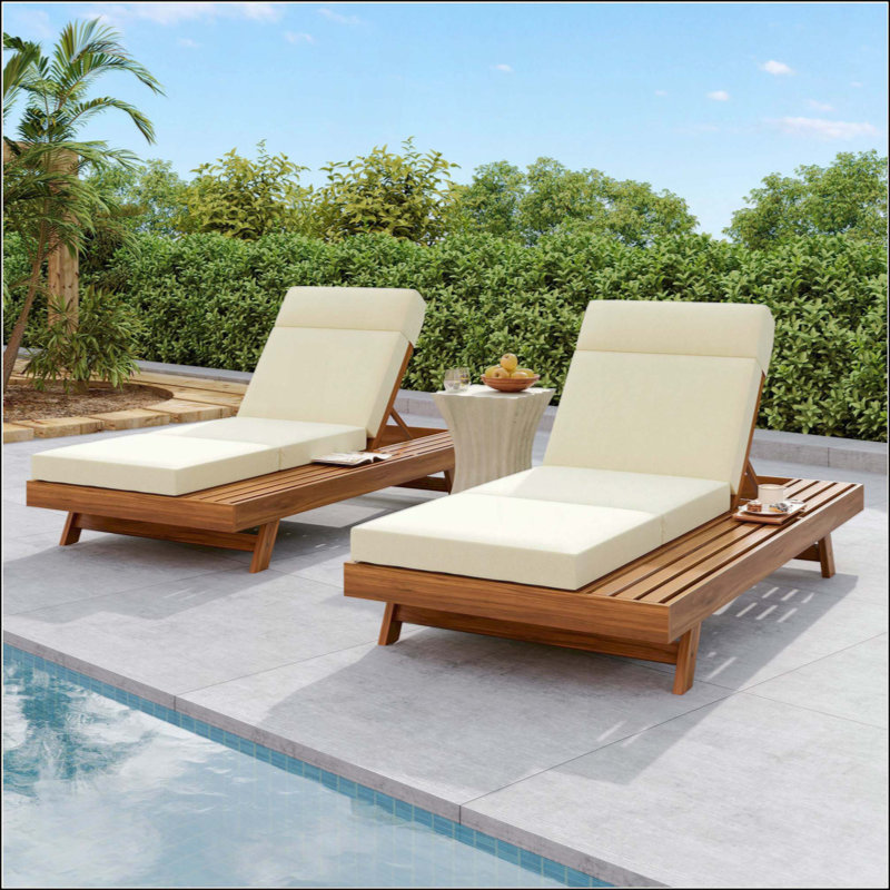 Ensemble de chaise longue avec appui-tête, espace disponible sur un côté, bois d'acacia avec coussins de salon résistants à l'eau (3 fois et 4 pouces)