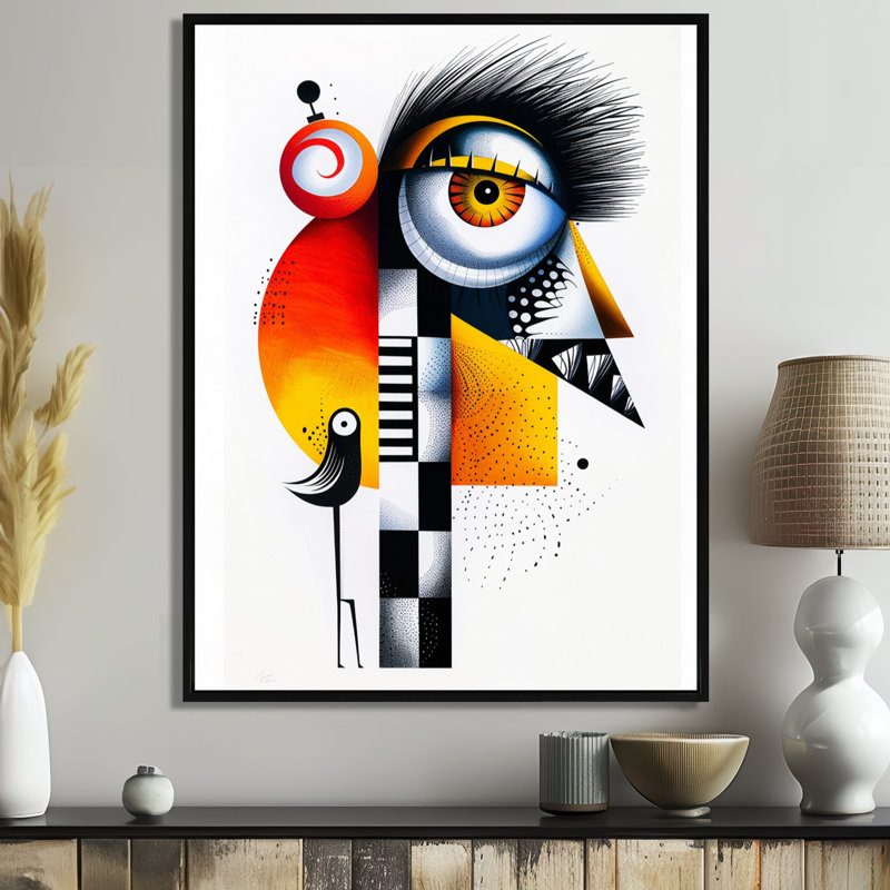 Décoration murale étrange créature amicale avec oiseau, H 32 po x l 24 po x P 1 po, Cadre flottant noir