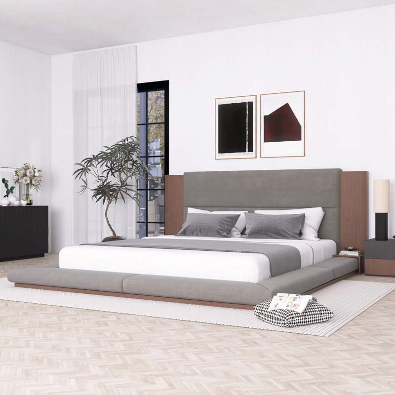 Lit plateforme tapissier de plancher avec tête de lit en bois allongée et tablette de chevet sans sommier, Très grand lit