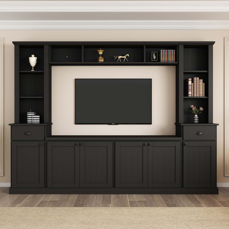 Minimalist Entertainment Wall Unit Set With Bridge For Tvs Up To 75", Black