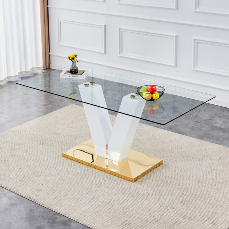 Grande table de salle à manger rectangulaire moderne en verre minimaliste pour 4 à 8 personnes avec plateau de table en verre trempé de 0,39 po et support en forme de V en panneau de fibres à densité moyenne, pour la cuisine, la salle à manger, le s