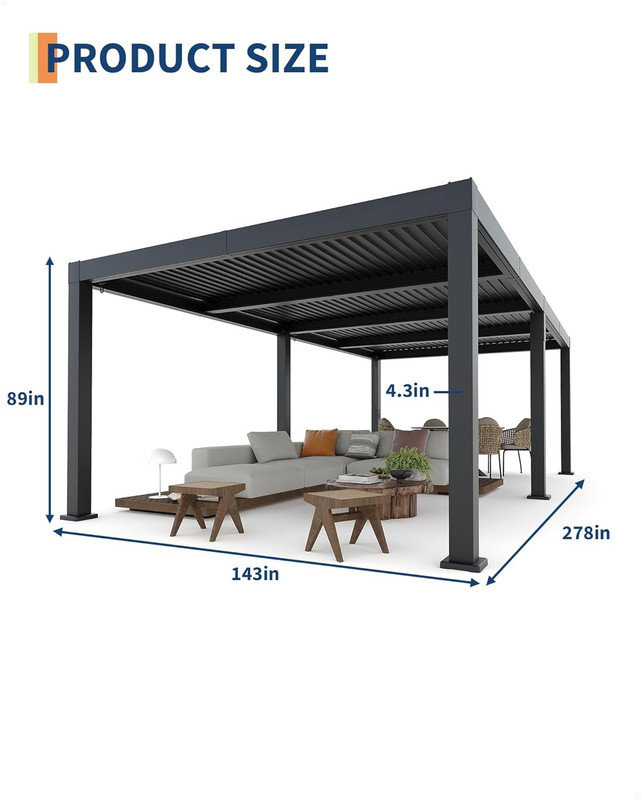 All-Aluminum Louvered Pergola with Adjustable Roof & Drainage System for Patio & Deck, 89" H x 278" W x 143" D