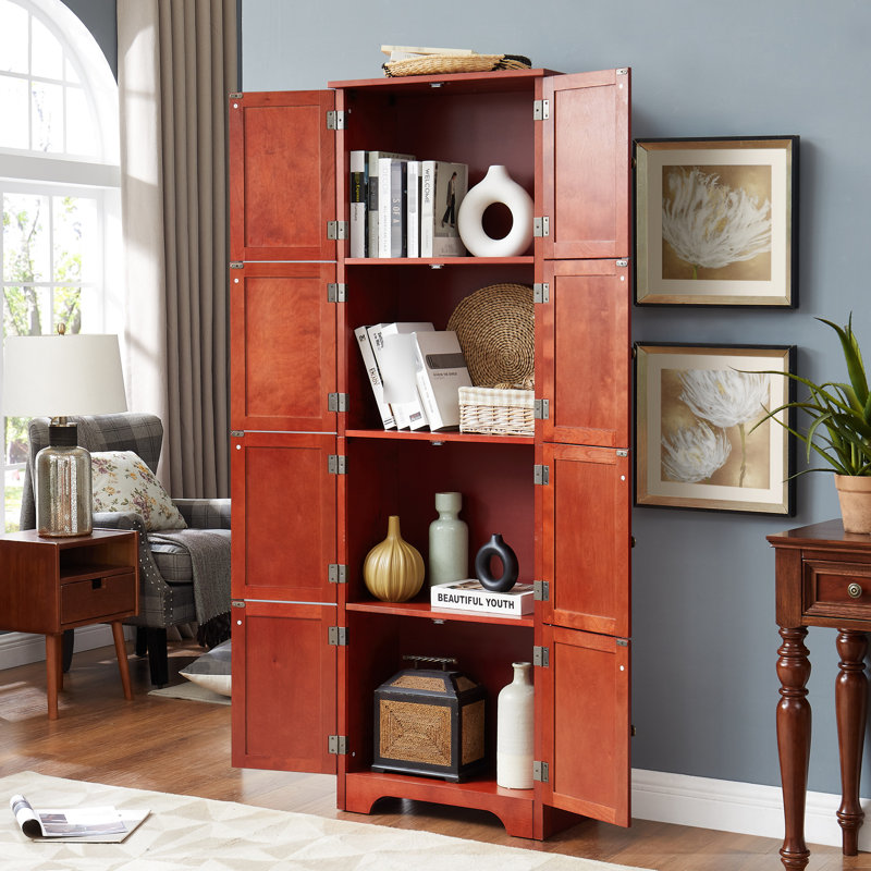 Armoire de rangement de 72,4 po de hauteur, 8 portes et 4 tablettes. Couleur cerise. Pour le salon, le bureau. Base, armoire de rangement haute 8 portes à 4 portes de 72,4 po. Cerise. Plusieurs pièces. Fabrication, surface lisse,