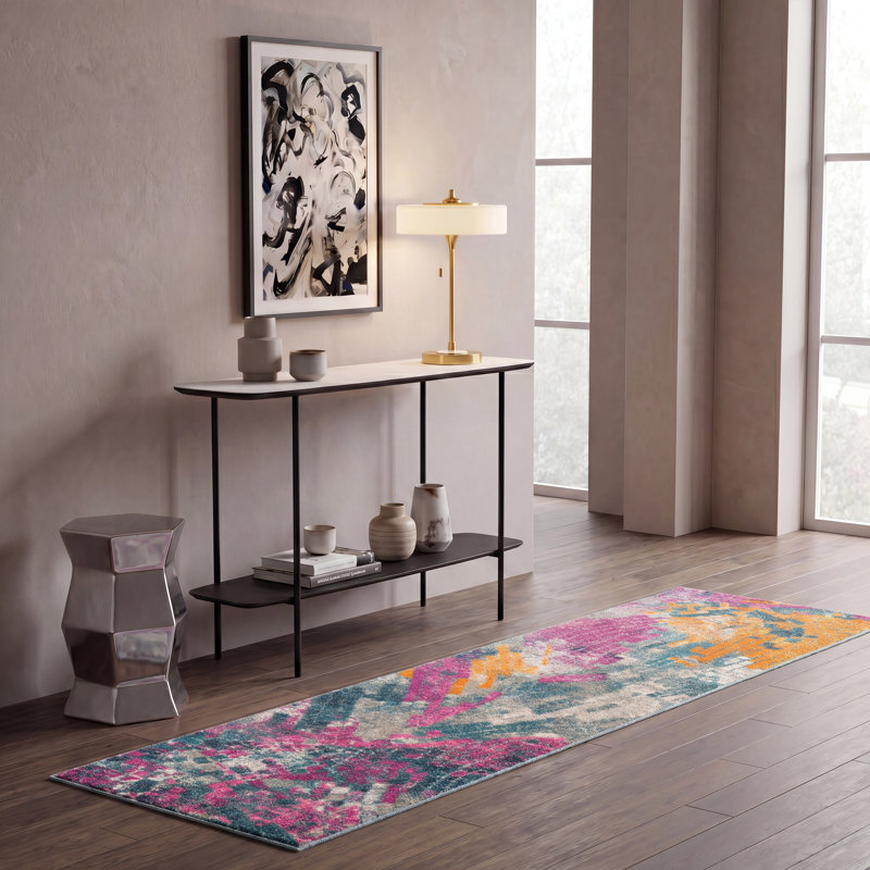 Tapis abstrait bleu / jaune Felty, Tapis de couloir 2 pi 3 po x 8 pi