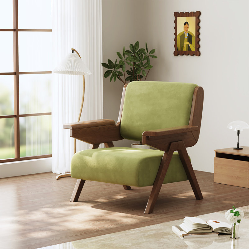 Mid Century Modern Accent Chair, Fabric Upholstered Lounge Arm Chair with Solid Wood Frame for Living Room, Bedroom, Office, Reading Corner (Green)
