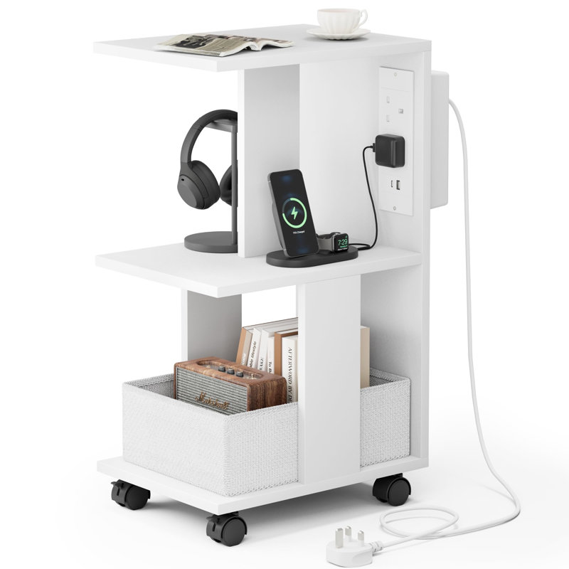 C-Shaped With Charging Station, 38 X 28 X 62 Cm Side Table, White