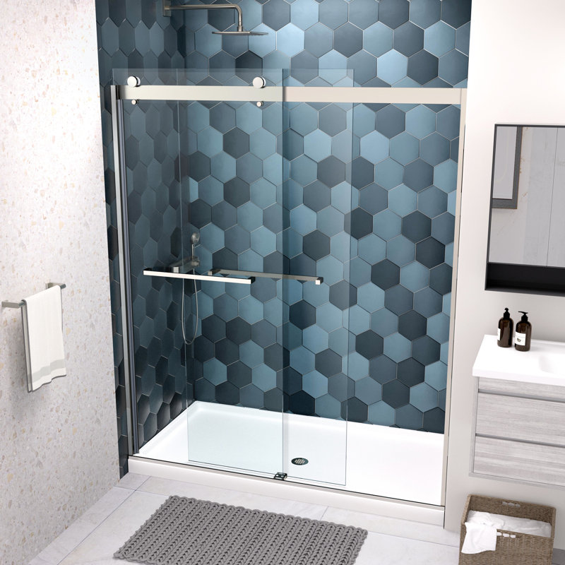 Porte de douche de dérivation de douche - Verre trempé de 5/16 po, poli. Glissement en douceur. Éclatement. Installation de la salle de bain en verre coulissant. Finition. Ouverture 36 000 fois. Fonction de fuite.