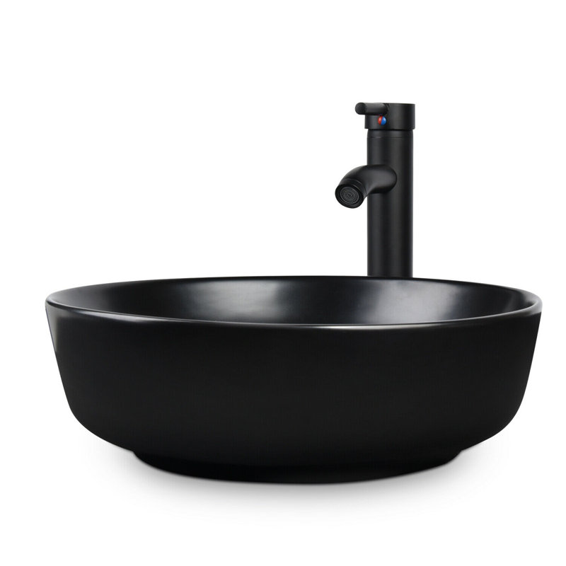 Andover Mills Kreutzer 16.5'' Black Ceramic Circular Bathroom Sink with Faucet, Black