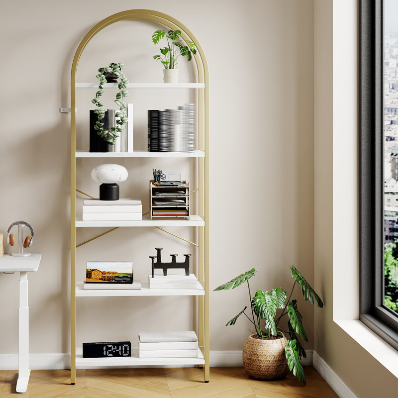 180 cm H x 60 cm W Bookcase, White, Gold iron frame