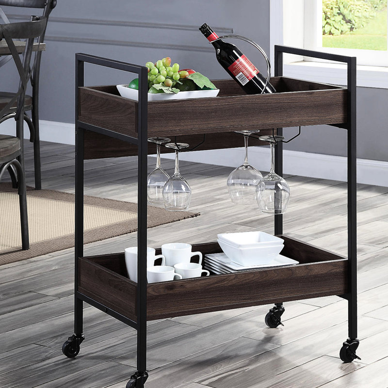 Petit chariot de service rectangulaire pour salle à manger, tablette à 2 niveaux, cadre en métal noir et noyer, plateau en bois recouvert, chariot porte-gobelet, cuisine sur papier