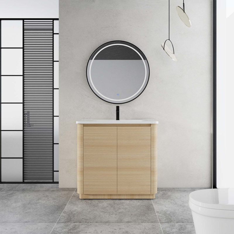 Meuble-lavabo autoportant avec lavabo en céramique blanche et 2 portes à fermeture douce, emballage KD, Chêne blanc Américain