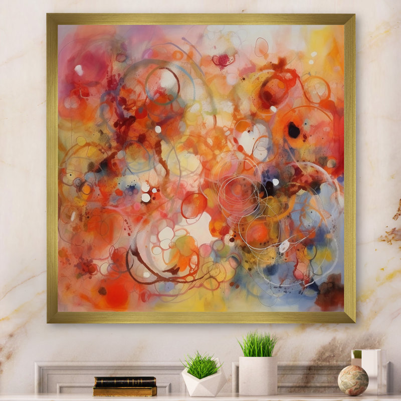 Toile de fond orange, orange et rouge marbré, Encadrement doré, H 36 po x l 36 po x P 1,5 po