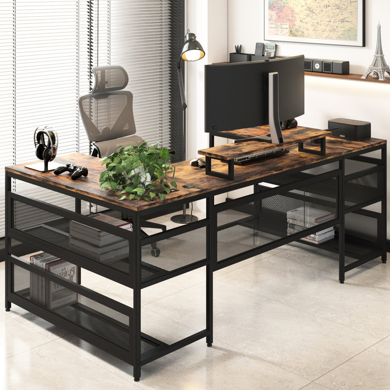 Bureau en U avec lumières à DEL et tablette de rangement, mobilier de bureau personnel, grand espace de bureau, rangement en métal pour prises de courant d'ordinateur, espace de travail essentiel et spacieux, matériaux