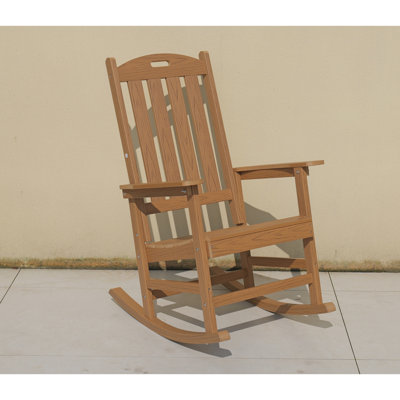 Chaise berçante de couleur teck, adaptée à toutes les saisons: chaise longue d'extérieur, fabriquée en matériau robuste de type Hips, équipée d'accessoires en acier inoxydable 304