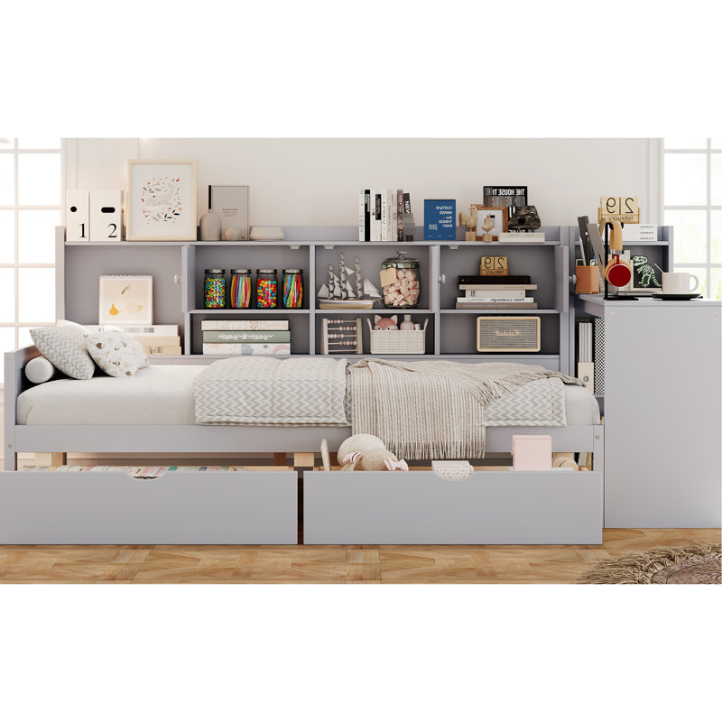 Lit de jour gris double avec 3 armoires de rangement, 2 tiroirs, bureau d'étude polyvalent et lit multifonctionnel pour le rangement en L