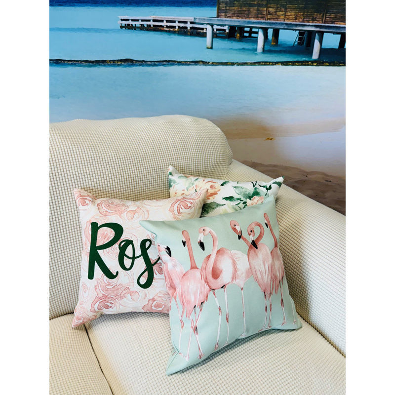 Green and Pink Flamingo Outdoor Square Pillow 16x16
