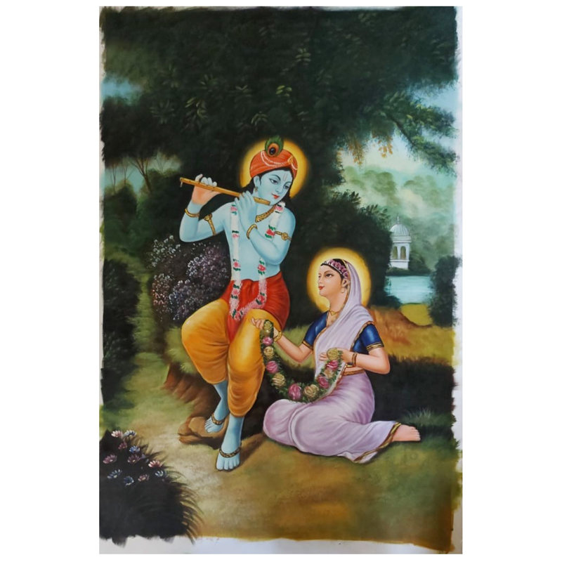 Krishna jouant de la flûte avec Radha | Peinture à l'huile par Jagriti Sharma