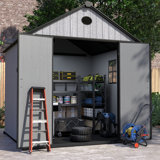 EHHLY Resin Outdoor Storage Shed Large, Cuft Garden Tool Sheds & Outdoor Storage Plastic Shed with Floor, 8FT Tall Backyard Outside Lawn Mower Storage Shed with Side Window, Cemented Grey