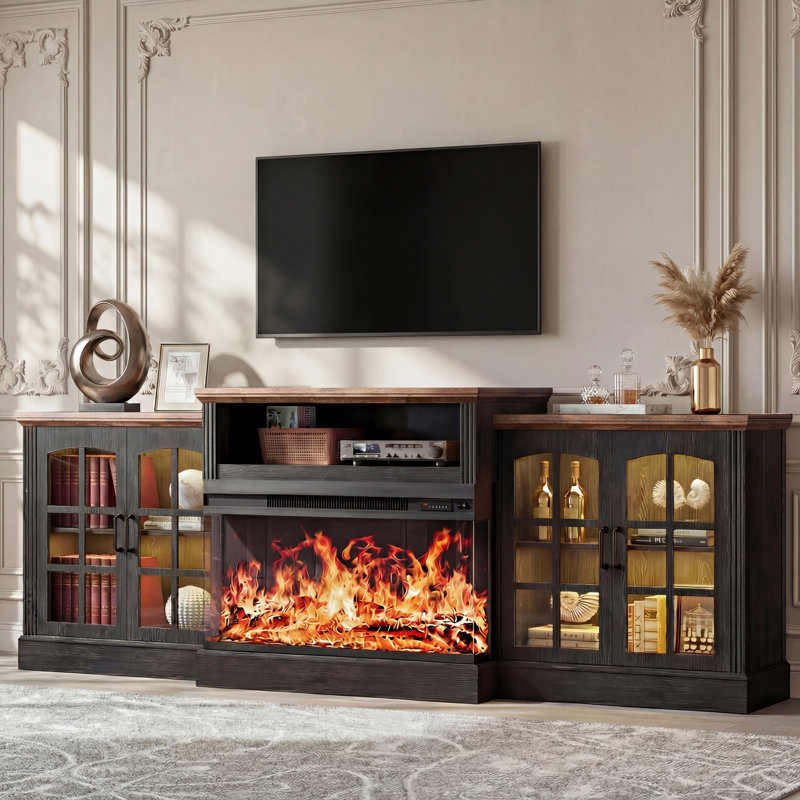 97" Farmhouse Fireplace TV Stand for TVs Up to 100"，Entertainment Center with LED Lighting & Storage Cabinets, Large Media Console Table with 36" 3-Sided Glass Electric Fireplace ,Black