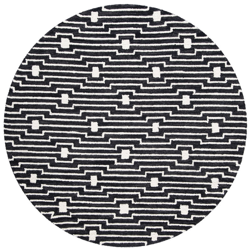 Beardall Hand Tufted Wool/Cotton Geometric Rug in Charcoal/Ivory, Round 5'