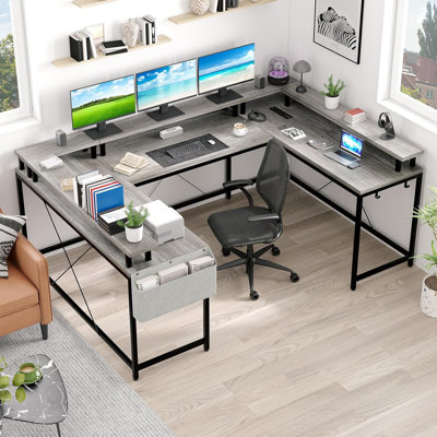 126" Reversible U & L Shaped Gaming Computer Desk with Built-In Monitor Stand, LED Lighting Strip & Integrated Power Outlets, Large Multi-Corner Workstation for Gaming, Streaming & Home Office Setup
