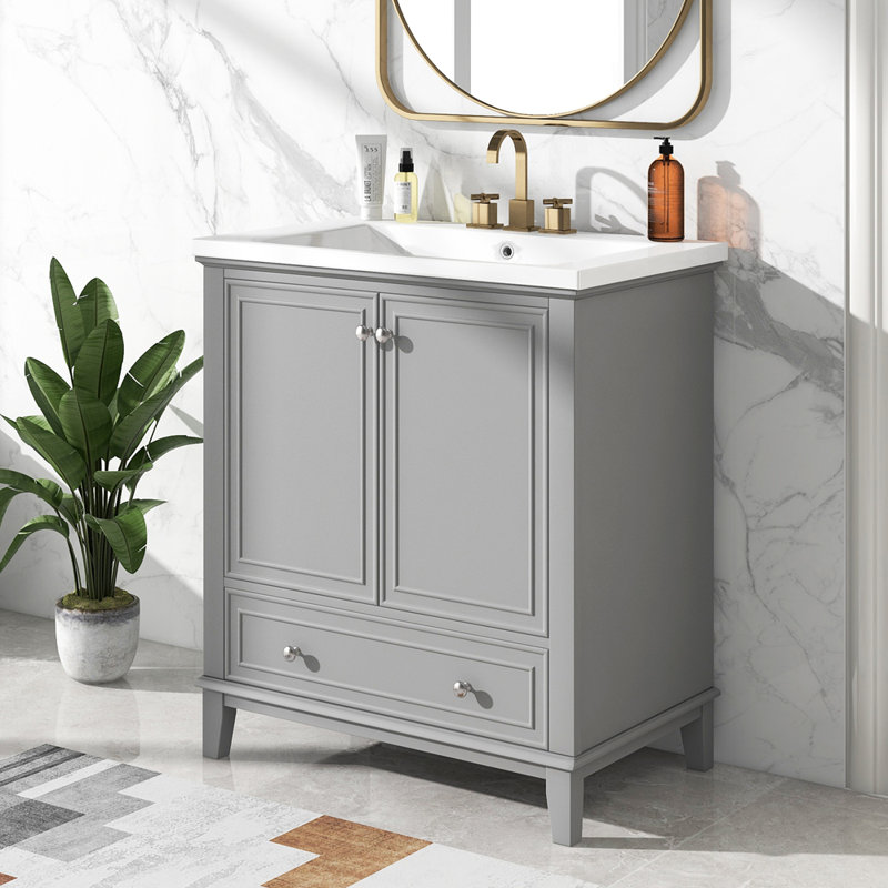 Gray Solid Wood and MDF 30" Bathroom Vanity with Ceramic Sink