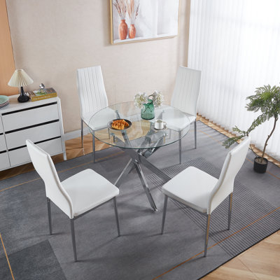 Ensemble de salle à manger 1 + 4, 5 pièces avec pieds en métal Mid-Century pour 4 à 6 personnes, plateau en verre, piédestal, idéal comme table de bout ou table basse de loisir