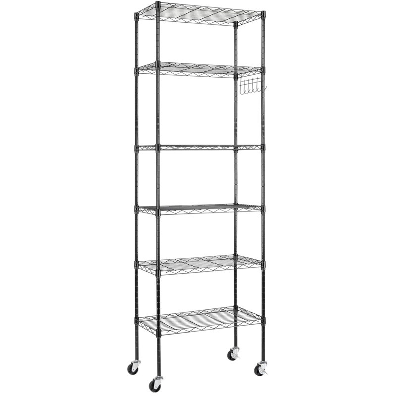 Hipson 6-Shelf Adjustable Storage Shelving Unit Steel Organizer Wire Rack with Lockable Wheel Casters, Hook, Black