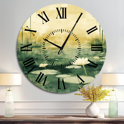 Lotus paisible au bord de l'étang - Horloge murale botanique en métal silencieux