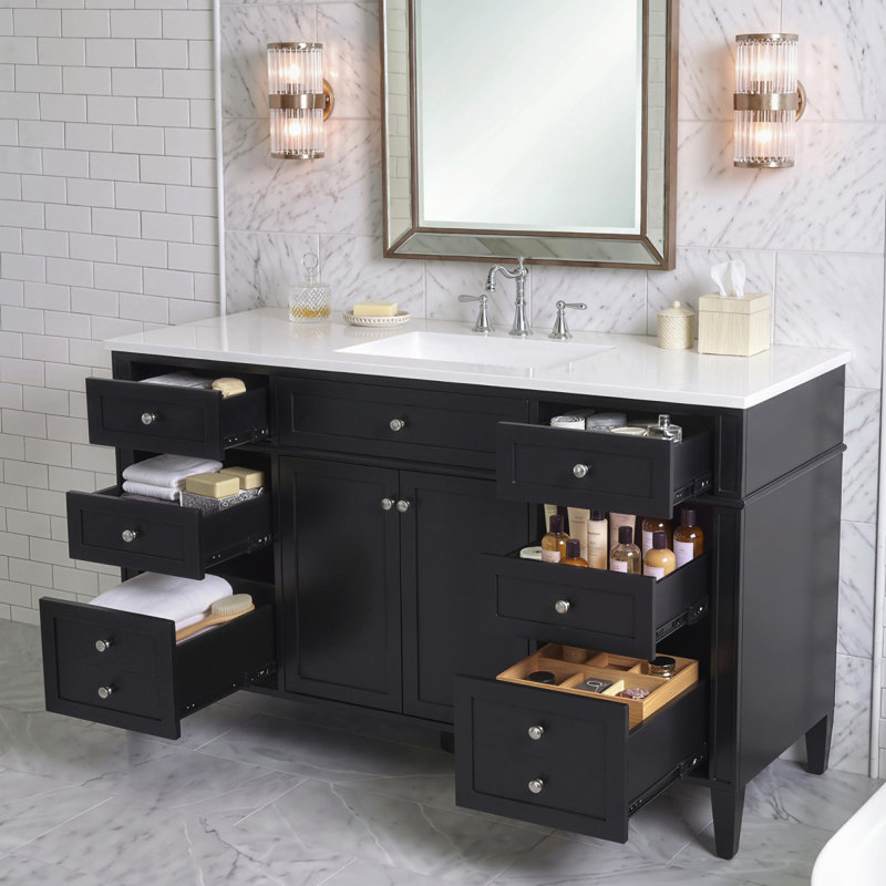 Ensemble de meuble-lavabo autoportant en MDF avec 6 tiroirs et 2 portes, ensemble de meuble-lavabo noir avec lavabo en composite, charnières à fermeture en douceur et poignées en métal argenté 48 po