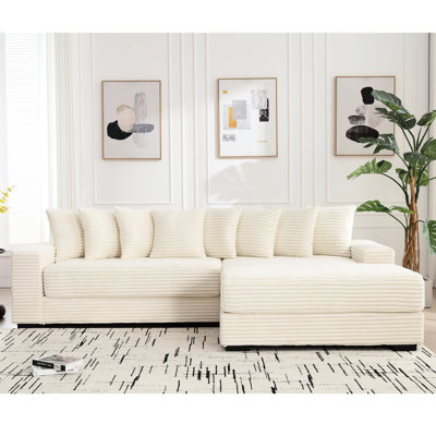 En forme de L avec méridienne droite, magnifique velours côtelé, huit coussins, facile à assembler, méridienne modulaire beige, revêtement en velours côtelé, 8 pièces