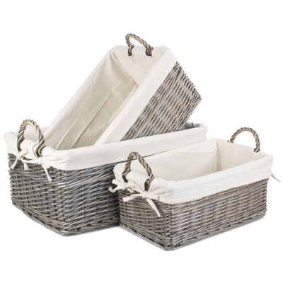 Shallow Lined Wicker 3 Piece Storage Basket Set