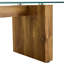Table basse et table de salle à manger en verre trempé transparent moderne minimaliste, jumelée à des colonnes décoratives en bois aggloméré. Bureau d'ordinateur. Table de jeu.