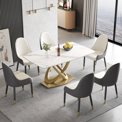 Ensemble de table de salle à manger à piédestal en pierre 7 pièces