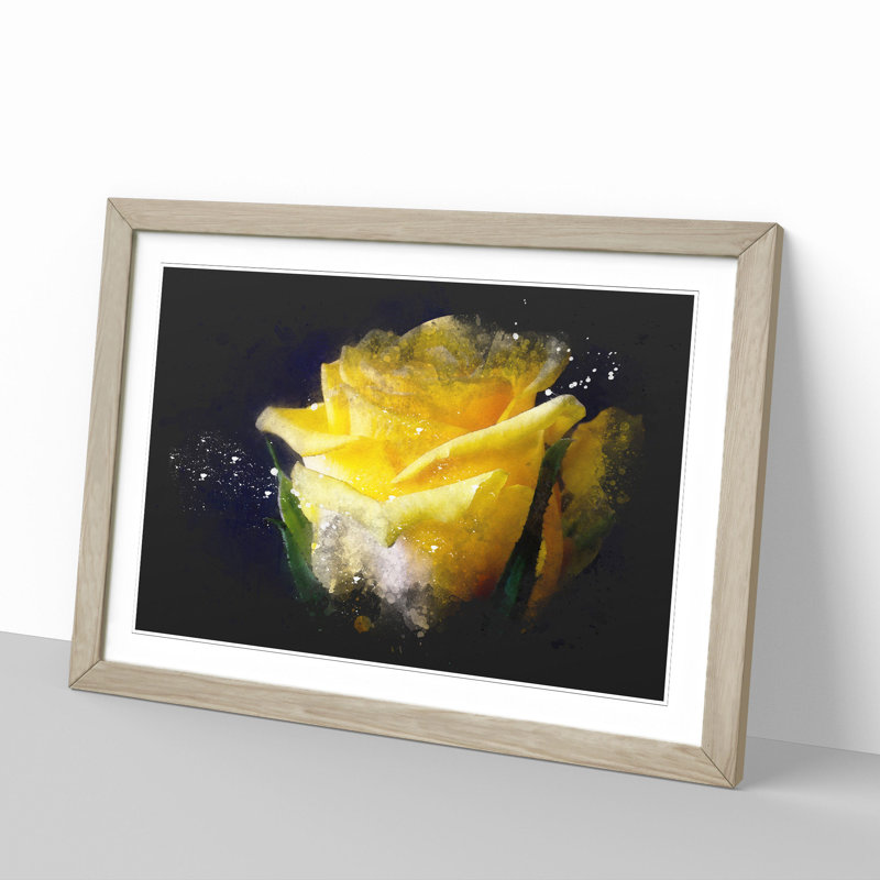 Yellow Rose Flower Vol.1 Paint Splash - Picture Frame Graphic Art, Oak, 48cm H x 65cm W x 2cm D