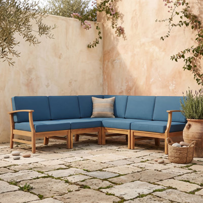 Modular Outdoor Sectional Sofa Set with Acacia Wood Frame, Water-Resistant Cushions and Built-In Latches