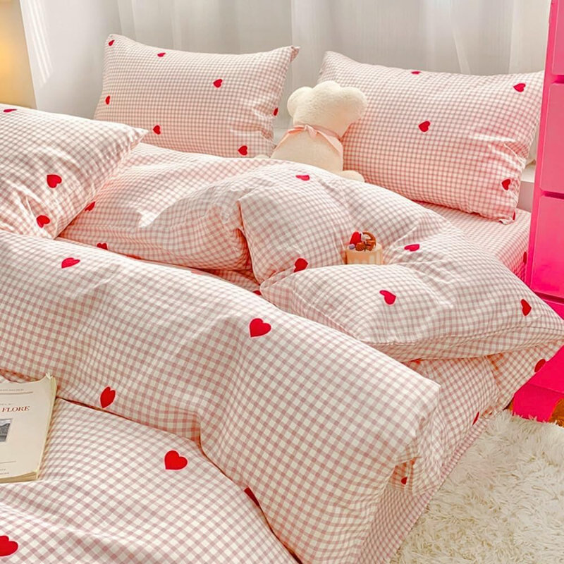 Ensemble d'édredon à motif rose et blanc Love Heart, Édredon double + 2 taies d'oreiller standard, Rose