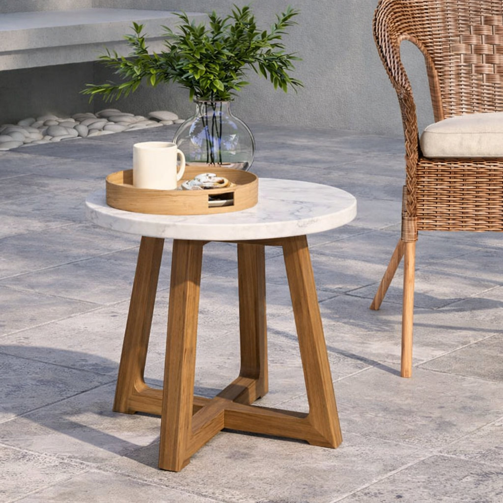 Latitude Run® Alton 18” Round Outdoor Side Table With Solid Wood Base & Concrete Tabletop – Patio & Garden Use | Wayfair