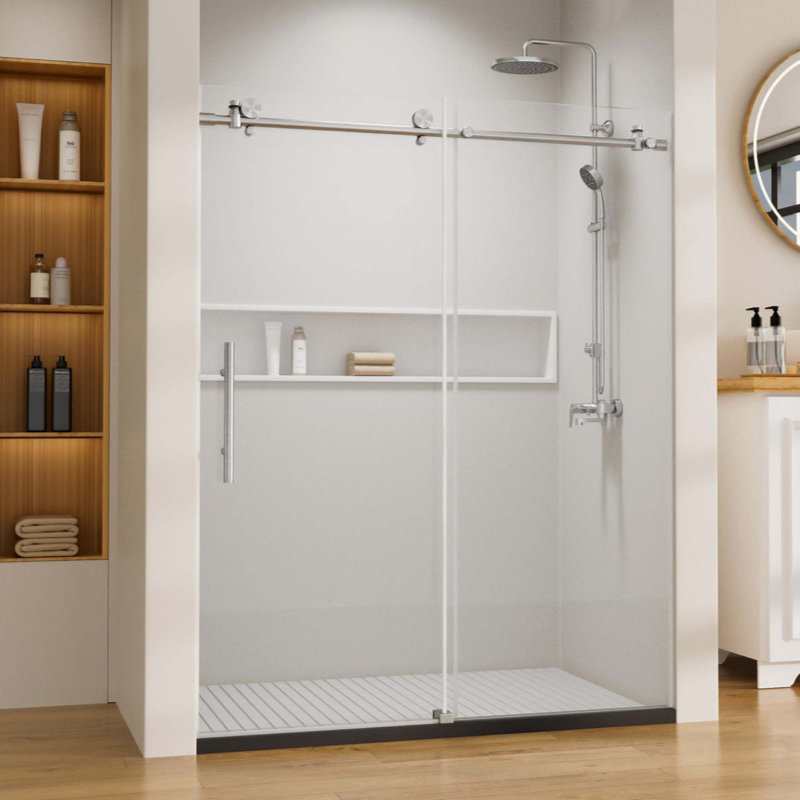 Single Sliding Frameless Shower Door 8Mm Thickened Tempered Glass Stainless Steel Hardware, Brushed Nickel