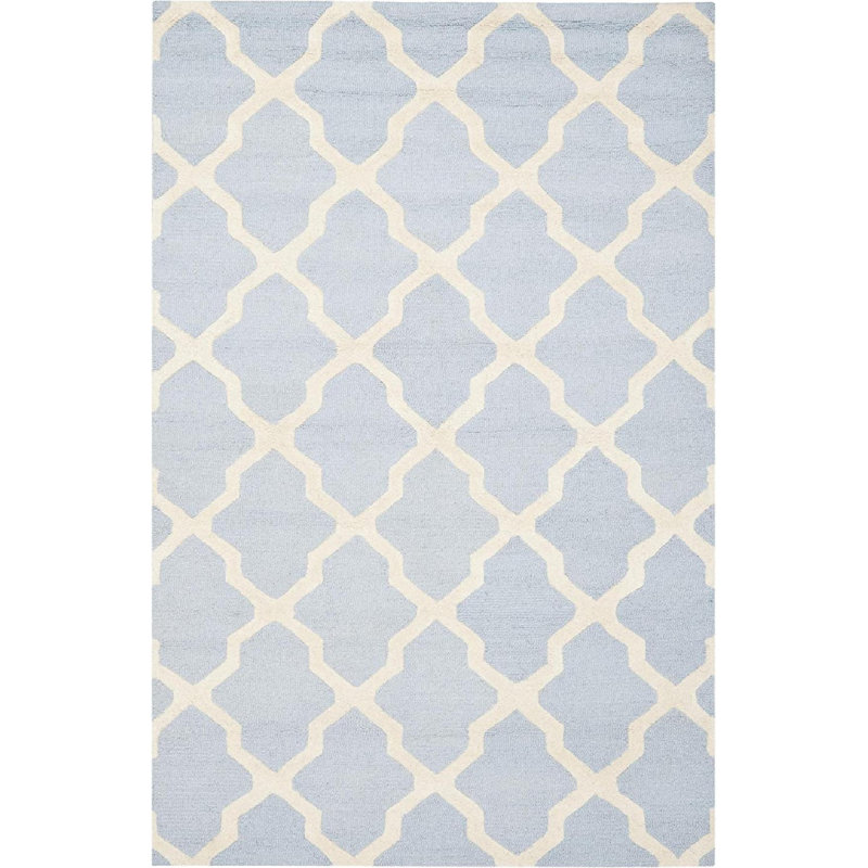 Tapis géométrique en laine touffeté à la main bleu clair, Rectangle 7 pi 6 po x 9 pi 6 po