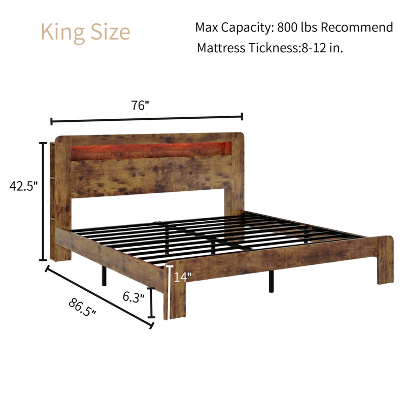 Lit plateforme en bois avec tête de lit à DEL, ports USB et rangement sous le lit, Brun, Très grand lit