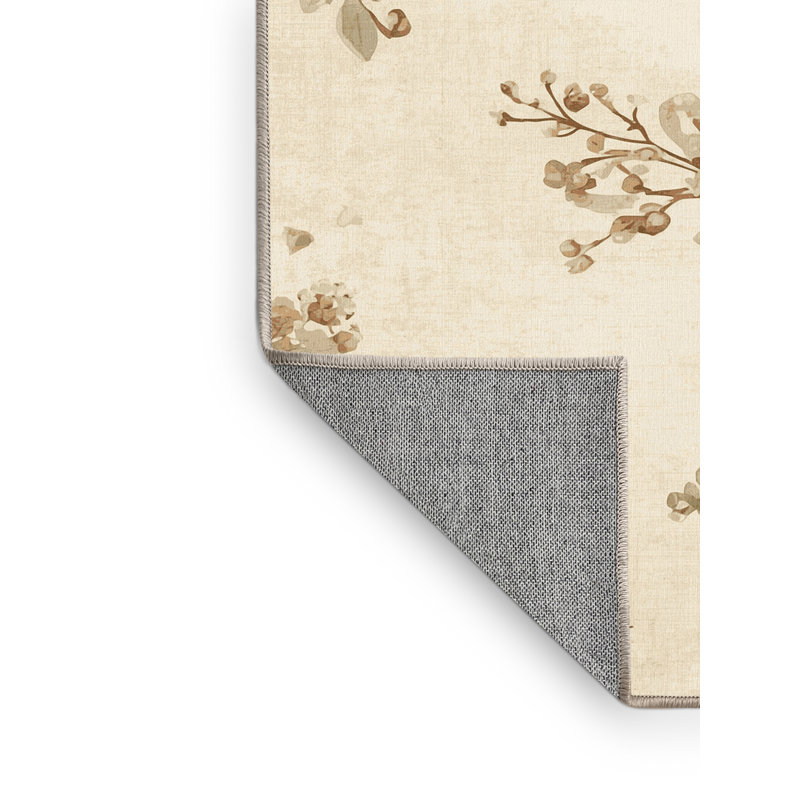 Machine Washable Orlandra Mistletoe French Country Vintage Look Rug in Beige – Beige Binding, 2x5